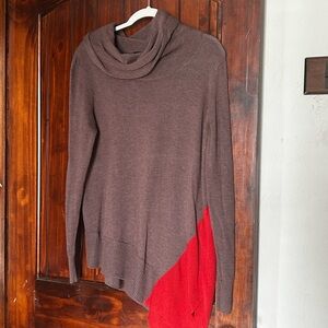 Grace Elements Brown Cowl Neck Sweater with Red Accent